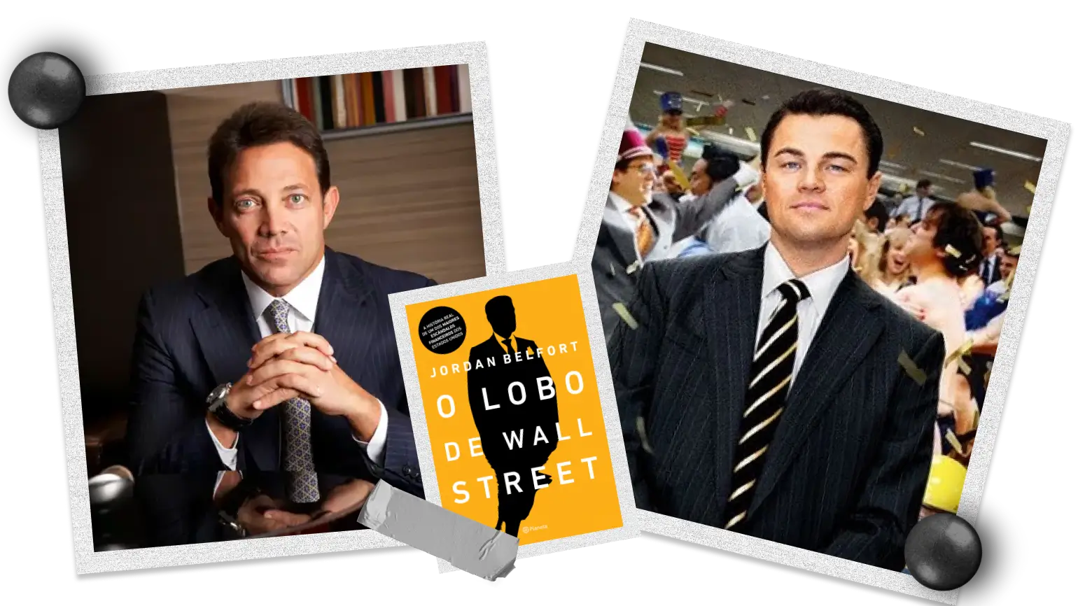 Joardan Belfort e Leornardo DiCaprio com o livro 'O LOBO DE WALL STREET' ao meio